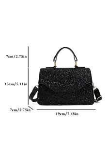 Elegant black sequin evening handbag with gold hardware and dimensions markings