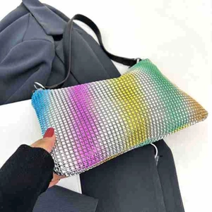 Detail of colorful gradient rhinestone handbag with shiny crystals and slim strap