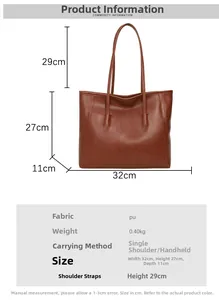 Tabella taglie dettagliata per la borsa tote retrò in pelle PU marrone misure 32x27x11cm
