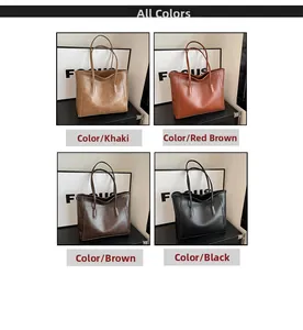 Dettaglio che mostra quattro colori di grandi borse tote in kaki, marrone, caffè e nero