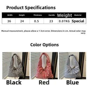 Size specifications of plaid bow handbags in black, red, and blue with dimensions