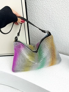 Fashion Rhinestone Underarm Bag For Women Gradient Glitter Shoulder Purse Sparkly Evening Handbag PU Leather Strap Chic