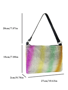 Rainbow gradient rhinestone underarm bag with dimensions showing style and size