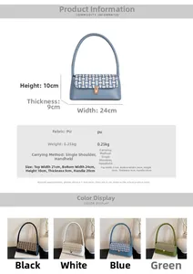 Detailed size specifications and multi-color chart for checkered PU leather handbag