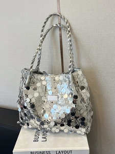 Sac Cabas À Paillettes Femmes Grande Capacité Brillantes Paillettes Rondes Sac À Main Avec Anses Tissées Sac À Épaule