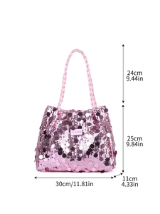 Sac fourre-tout à paillettes roses pour femme avec anses tressées, taille 30x25 cm