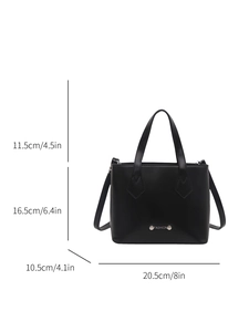 Minimalist black handbag with dimensions: 20.5cm length, 16.5cm height and 10.5cm width