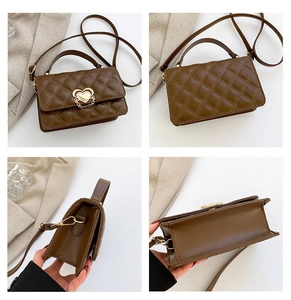 Front, back, and side views of brown quilted square bag with gold heart clasp detail