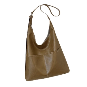 Brown large capacity leather Hobo tote bag with front pockets and white contrast stitching