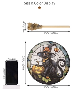 Size display of Halloween cat and pumpkin percussion pad with dimensions and wood brush