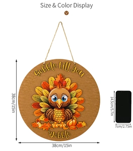 Detailed size guide of round wooden Thanksgiving turkey door sign with hemp rope hanger