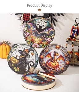 Detailed display of assorted Halloween percussion drums with bat and pumpkin motifs