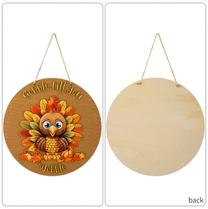 Front and back view of wooden Thanksgiving turkey door sign with rustic hanging rope