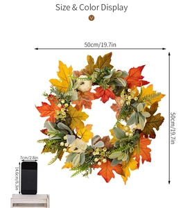 Detail showing autumn wreath dimensions with white pumpkins and colorful maple leaves