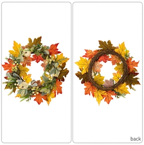 Front and back detail of autumn wreath with white pumpkins, maple leaves, and vine base