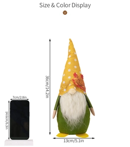 Fall gnome plush decor with maple leaf and yellow polka dot hat measuring 36cm in height
