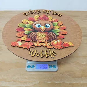 Detailed view of wooden Thanksgiving turkey door sign showing colorful 3D layered laser cut art