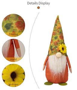 Detail display of Thanksgiving gnome showing leaf printing, hands, and sunflower decor