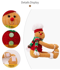 Detail showing knitted gingerbread man curtain buckle with Velcro fasteners and chef hat