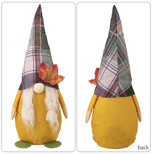 Detailed front and back view of Thanksgiving plush gnome with yellow body and maple leaf hat