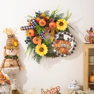 Thanksgiving Pumpkin Sunflower Wreath With Give Thanks Wood Sign Buffalo Plaid Bow Autumn Harvest Front Door Hanging Decor