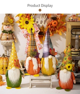 Detailed set of four autumn gnomes with maple leaf and sunflower decorations