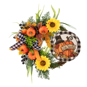 Harvest Thanksgiving pumpkin wreath with sunflowers, maple leaves, and Give Thanks sign