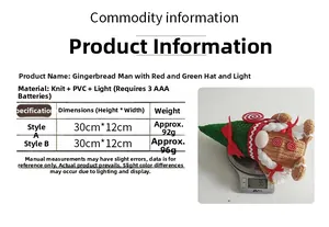 Detailed size chart and weight measurement for glowing Christmas gingerbread man plush ornaments