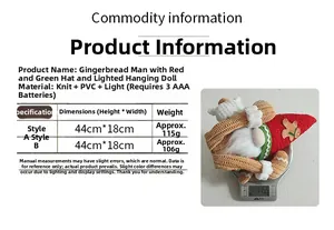 Detail view of illuminated Christmas gingerbread man plush with red and green hat