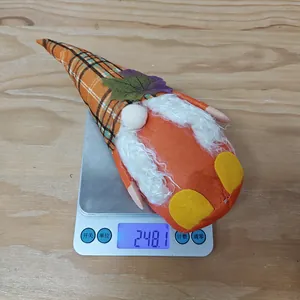 Detail view of Thanksgiving gnome plush weighing 248.1g on an electronic scale for weight check