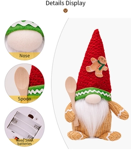 Detail view of gingerbread gnome doll with red hat, wooden spoon and battery compartment