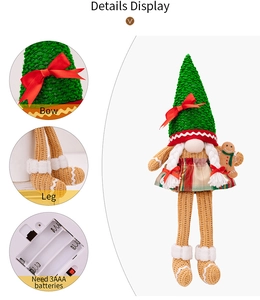 Detail display of Christmas gnome doll showing green knit hat, bow, and battery compartment