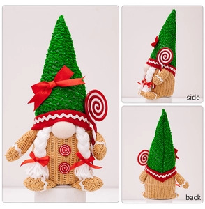Detailed views of a plush Christmas gingerbread gnome with green hat and candy cane
