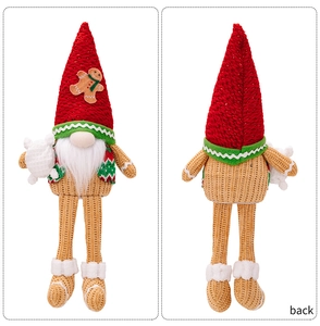 Close-up of front and back views of a plush Christmas gingerbread gnome with knit details