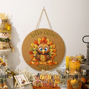 Thanksgiving Turkey Door Sign Round Wooden Hanging Decoration With Jute Rope For Front Door Home Fall Harvest Party Decor
