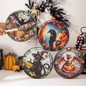 Halloween Stained Glass Style Shaman Drum With Drumstick Plywood Polyester Music Instrument Decorative Round Drum For Party Decor
