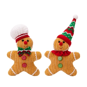 Pair of Christmas gingerbread man plush dolls with knitted hats and colorful bow ties