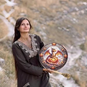 Halloween shaman drum with baby dragon and pumpkin print plus mallet for festive decoration