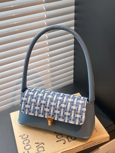 Women Vintage Tweed Patchwork Underarm Bag PU Leather Shoulder Bag With Golden Metal Lock Elegant Chic