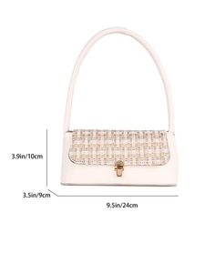 Minimalist white leather and tweed handbag with gold buckle and size markings
