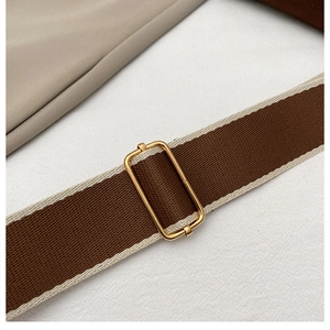 Détail de la bandoulière tissée marron et beige avec boucle métallique dorée