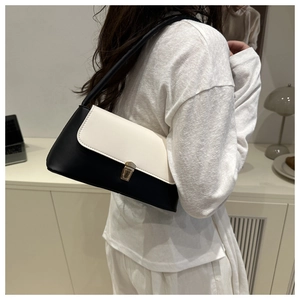 Détail du sac baguette minimaliste noir et blanc avec boucle en métal doré