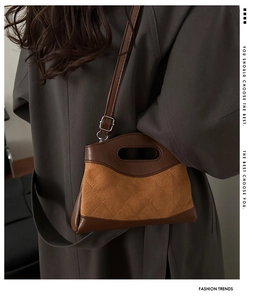 Detail of a brown quilted leather handbag worn over a grey coat in a side-view pose