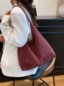 Elegant wine red leopard print canvas tote bag with wide shoulder strap for women