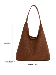 Brown leopard print canvas hobo tote bag with size dimensions 32x28x10cm shown on white background