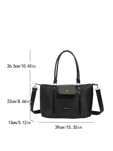 Large black and green nylon tote bag with shoulder strap and precise size dimensions