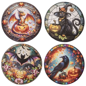 Set of 4 Halloween coasters with pumpkin, cat, and bat illustrations in stained glass style