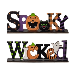 Decorazioni da tavolo in legno per Halloween con scritte Spooky e Wicked e motivi di zucca