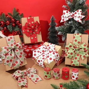 Close-up of festive polka dot burlap ribbons and bows for Christmas gift wrapping