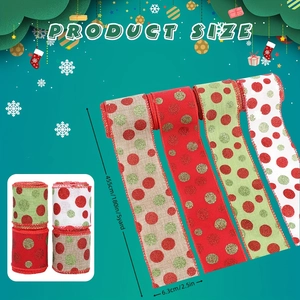 Detailed size view of four-color polka dot Christmas ribbons measuring 6.3cm by 455cm